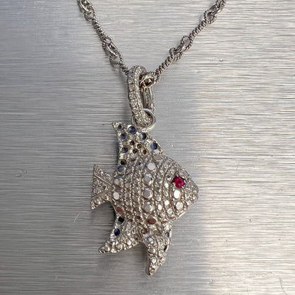 Pippo Perez 18k White Gold Diamond Sapphire Ruby Angel Fish Pendant 16" RARE