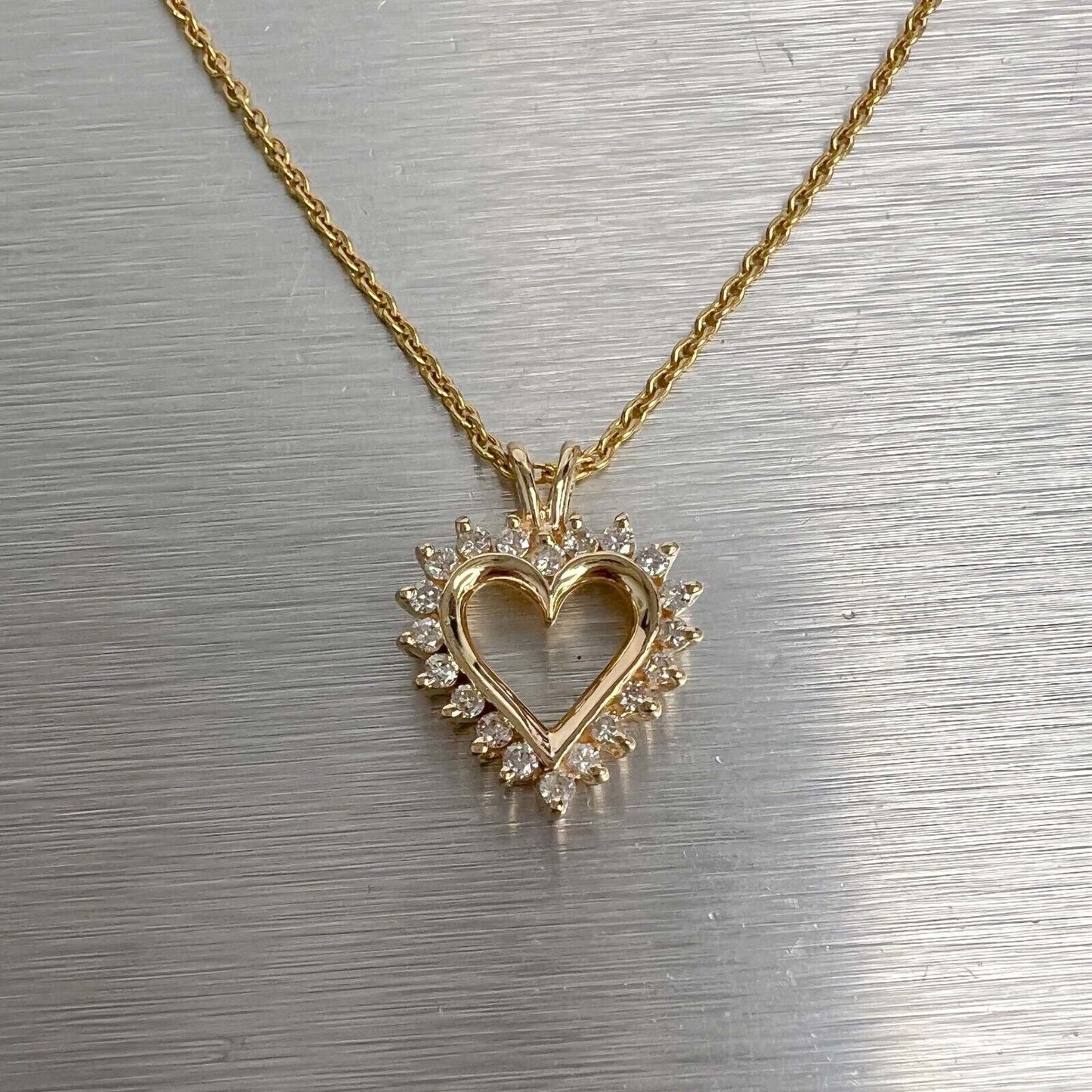 14k Yellow Gold Diamond Halo Open Heart Necklace 0.25ctw H SI2 16" 4.8 grams