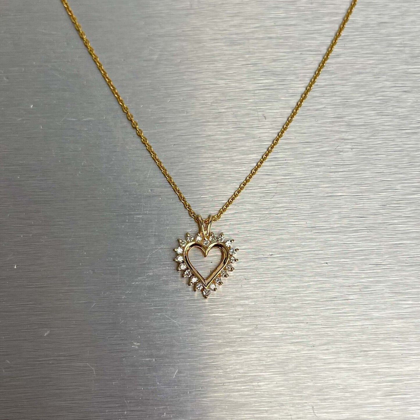 14k Yellow Gold Diamond Halo Open Heart Necklace 0.25ctw H SI2 16" 4.8 grams