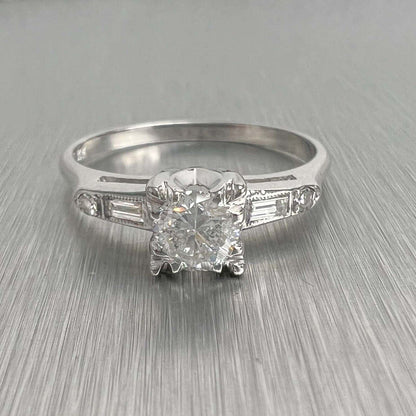 14k White Gold Round & Tapered Baguette Diamond Ring 0.60ctw H I2 Size 7.75