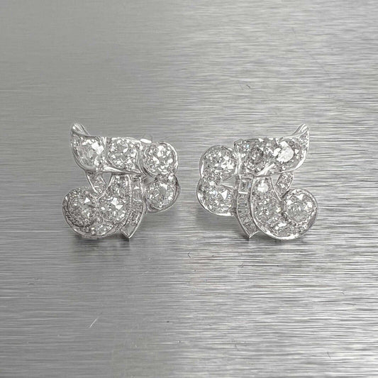 Antique Platinum 950 Old Mine & Baguette Diamond Ribbon Earrings 2.97ctw G SI1