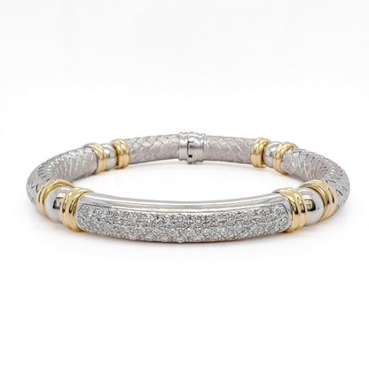 18k White & Yellow Gold Textured Basket Weave Diamond Bangle Bracelet 1.57ctw