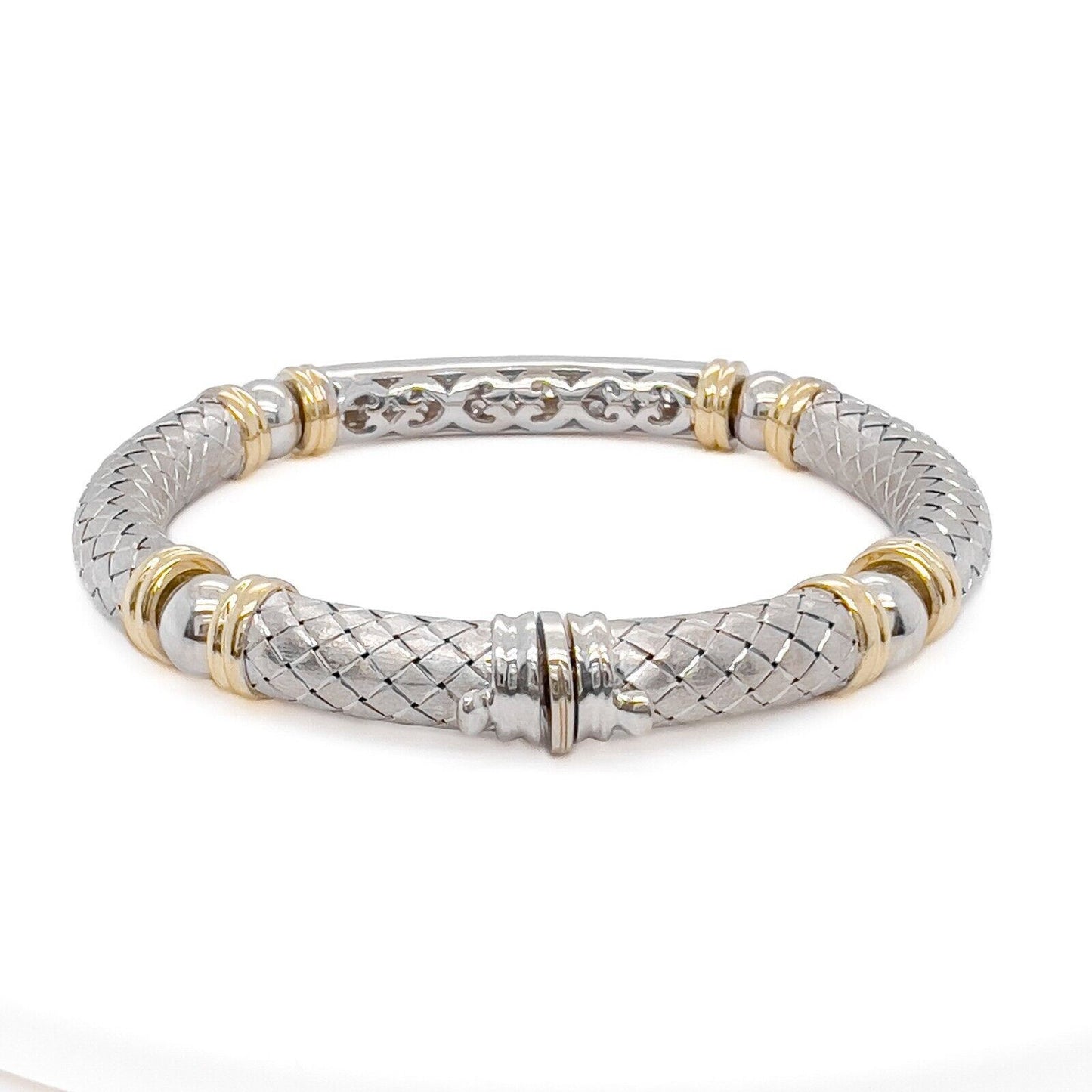 18k White & Yellow Gold Textured Basket Weave Diamond Bangle Bracelet 1.57ctw