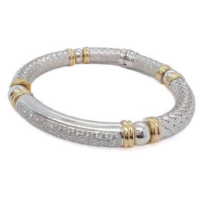 18k White & Yellow Gold Textured Basket Weave Diamond Bangle Bracelet 1.57ctw