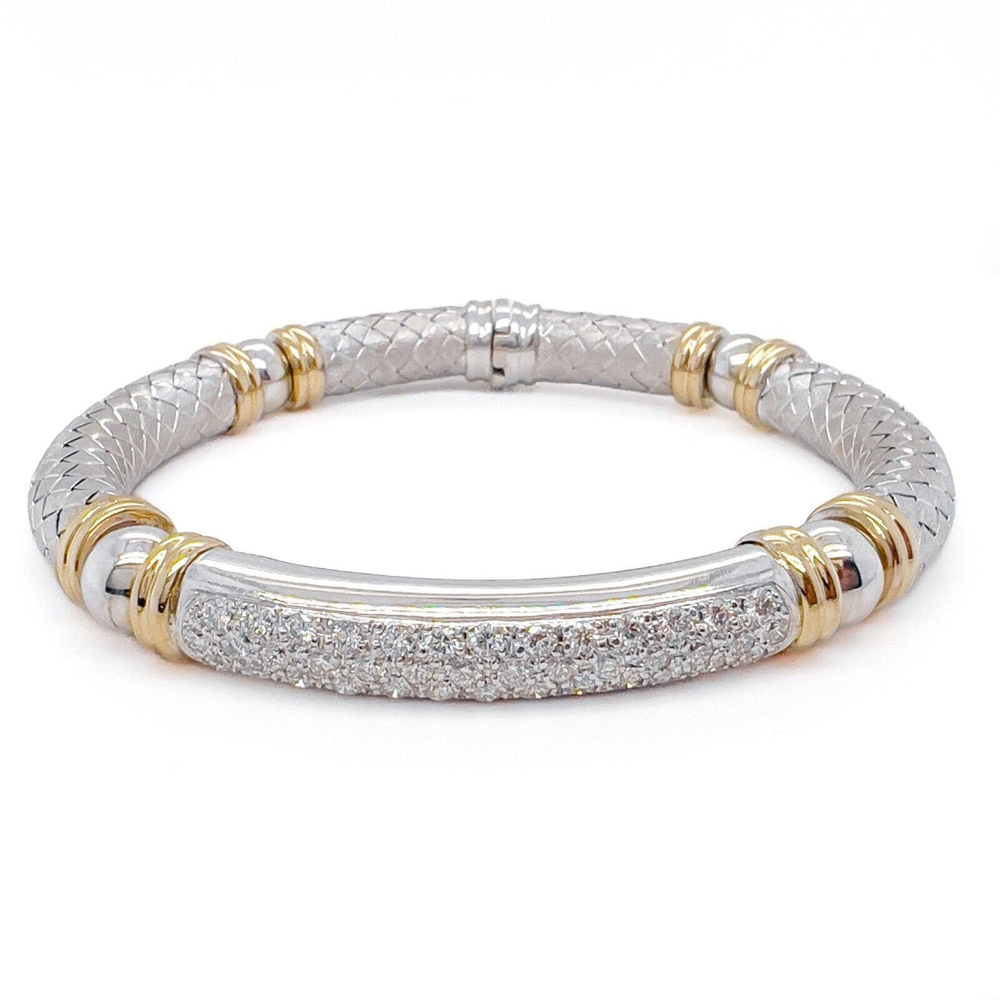 18k White & Yellow Gold Textured Basket Weave Diamond Bangle Bracelet 1.57ctw