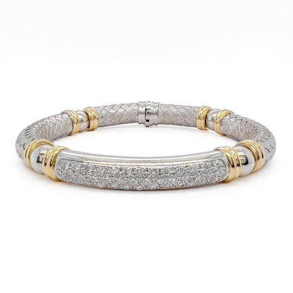 18k White & Yellow Gold Textured Basket Weave Diamond Bangle Bracelet 1.57ctw