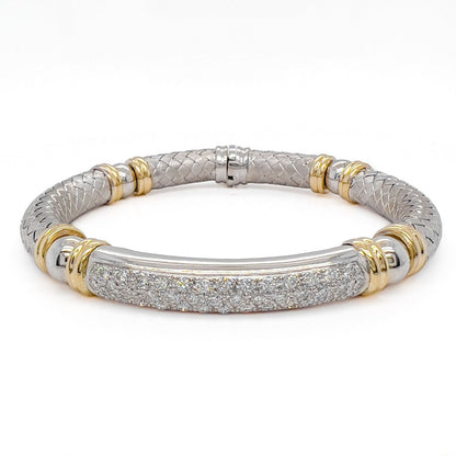 18k White & Yellow Gold Textured Basket Weave Diamond Bangle Bracelet 1.57ctw