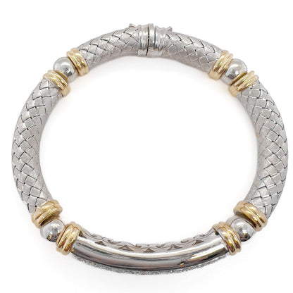 18k White & Yellow Gold Textured Basket Weave Diamond Bangle Bracelet 1.57ctw