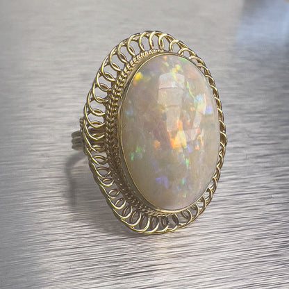 Antique Victorian 14k Yellow Gold Cabochon Opal Spiral Wire Halo Ring Size 4.75