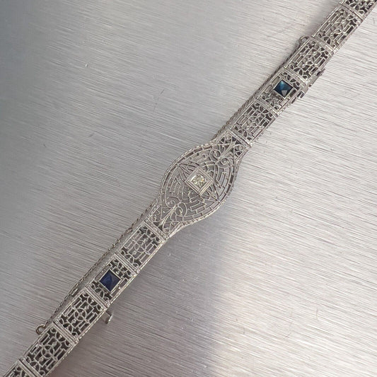 Antique Art Deco 14k White Gold Diamond Sapphire Filigree Bracelet 0.18ctw