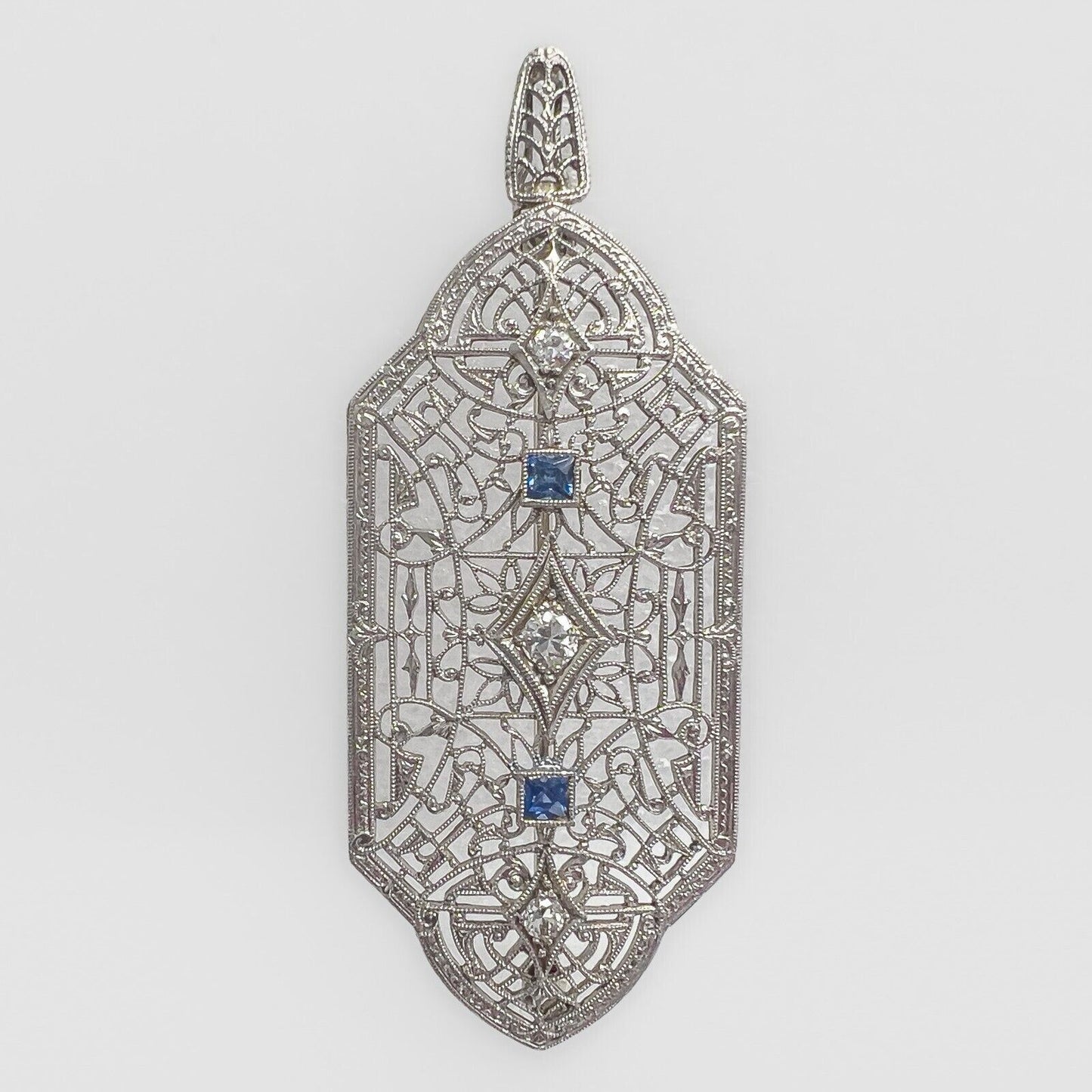 Antique Victorian 14k White Gold Diamond Sapphire Filigree Pin / Pendant 0.21ctw