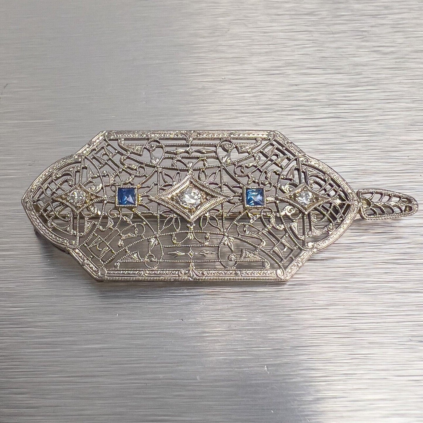 Antique Victorian 14k White Gold Diamond Sapphire Filigree Pin / Pendant 0.21ctw