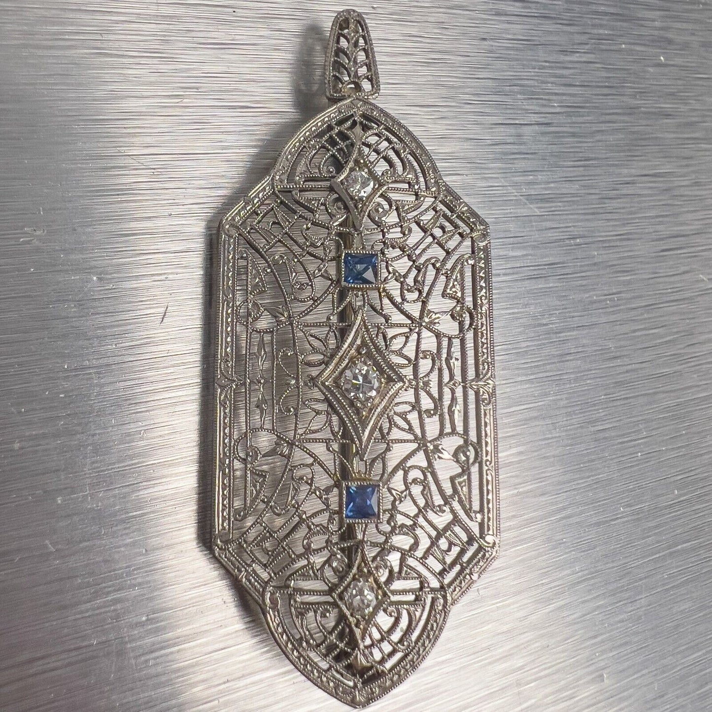 Antique Victorian 14k White Gold Diamond Sapphire Filigree Pin / Pendant 0.21ctw