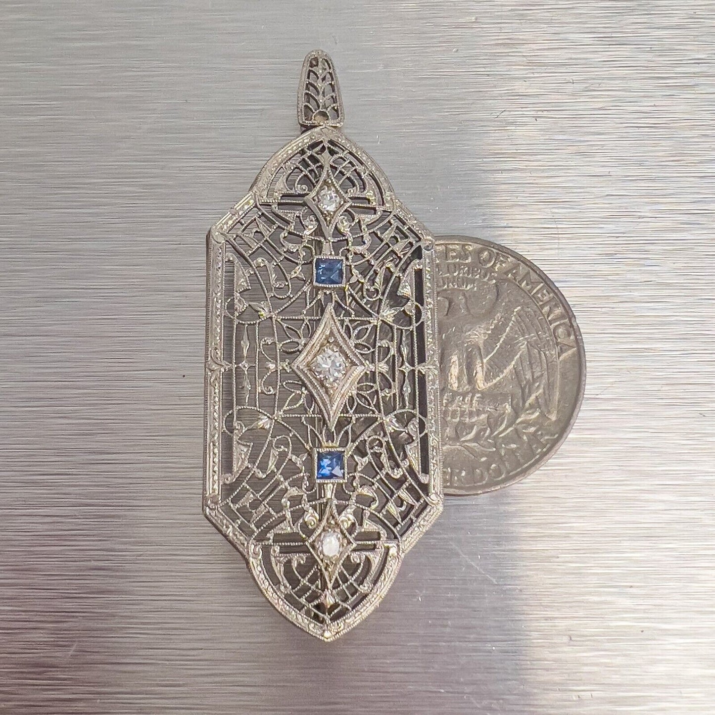 Antique Victorian 14k White Gold Diamond Sapphire Filigree Pin / Pendant 0.21ctw