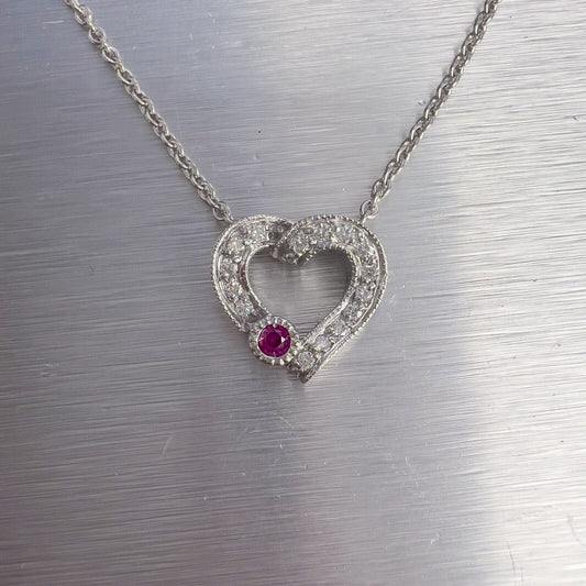 14k White Gold Diamond 0.10ct Ruby Heart Pendant Necklace 0.15ctw G VS2 4.2g 17"