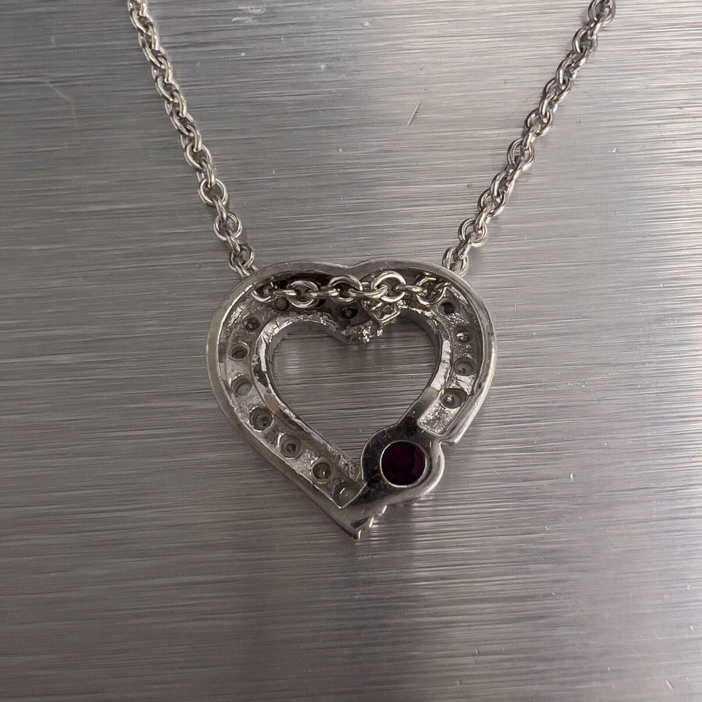 14k White Gold Diamond 0.10ct Ruby Heart Pendant Necklace 0.15ctw G VS2 4.2g 17"