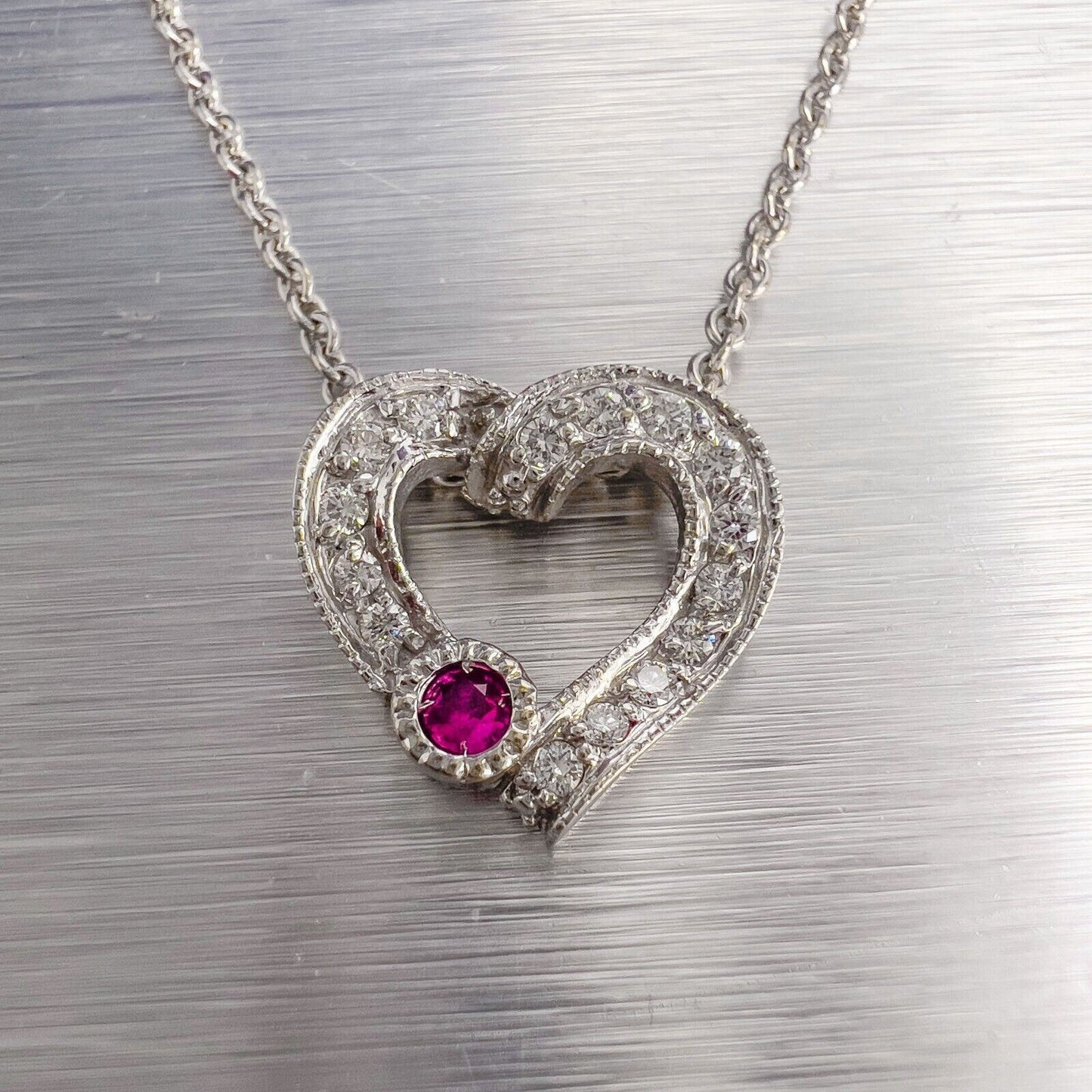 14k White Gold Diamond 0.10ct Ruby Heart Pendant Necklace 0.15ctw G VS2 4.2g 17"