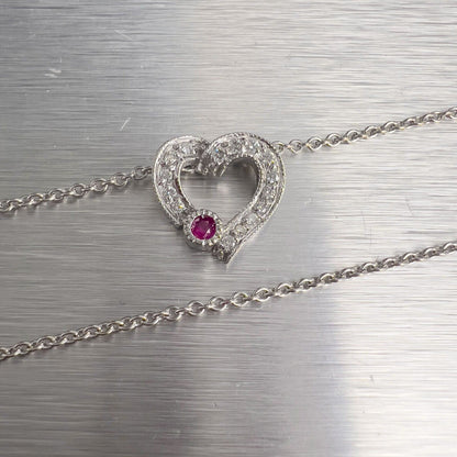 14k White Gold Diamond 0.10ct Ruby Heart Pendant Necklace 0.15ctw G VS2 4.2g 17"