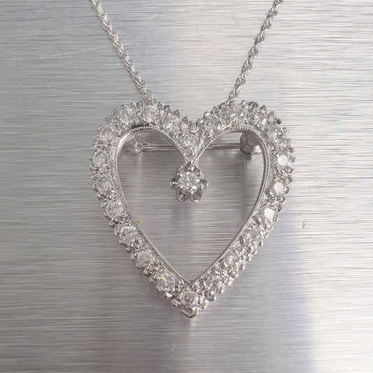 14k White Gold Diamond Heart Necklace / Brooch Pin 0.48ctw G VS2 6.0g 18"