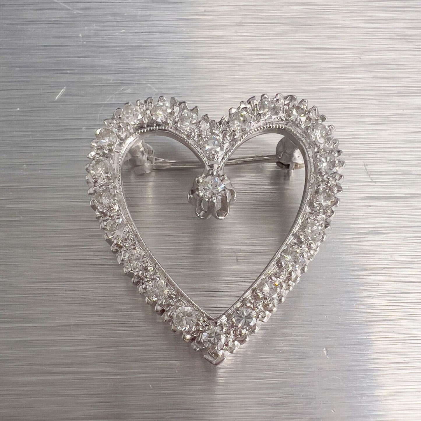 14k White Gold Diamond Heart Necklace / Brooch Pin 0.48ctw G VS2 6.0g 18"