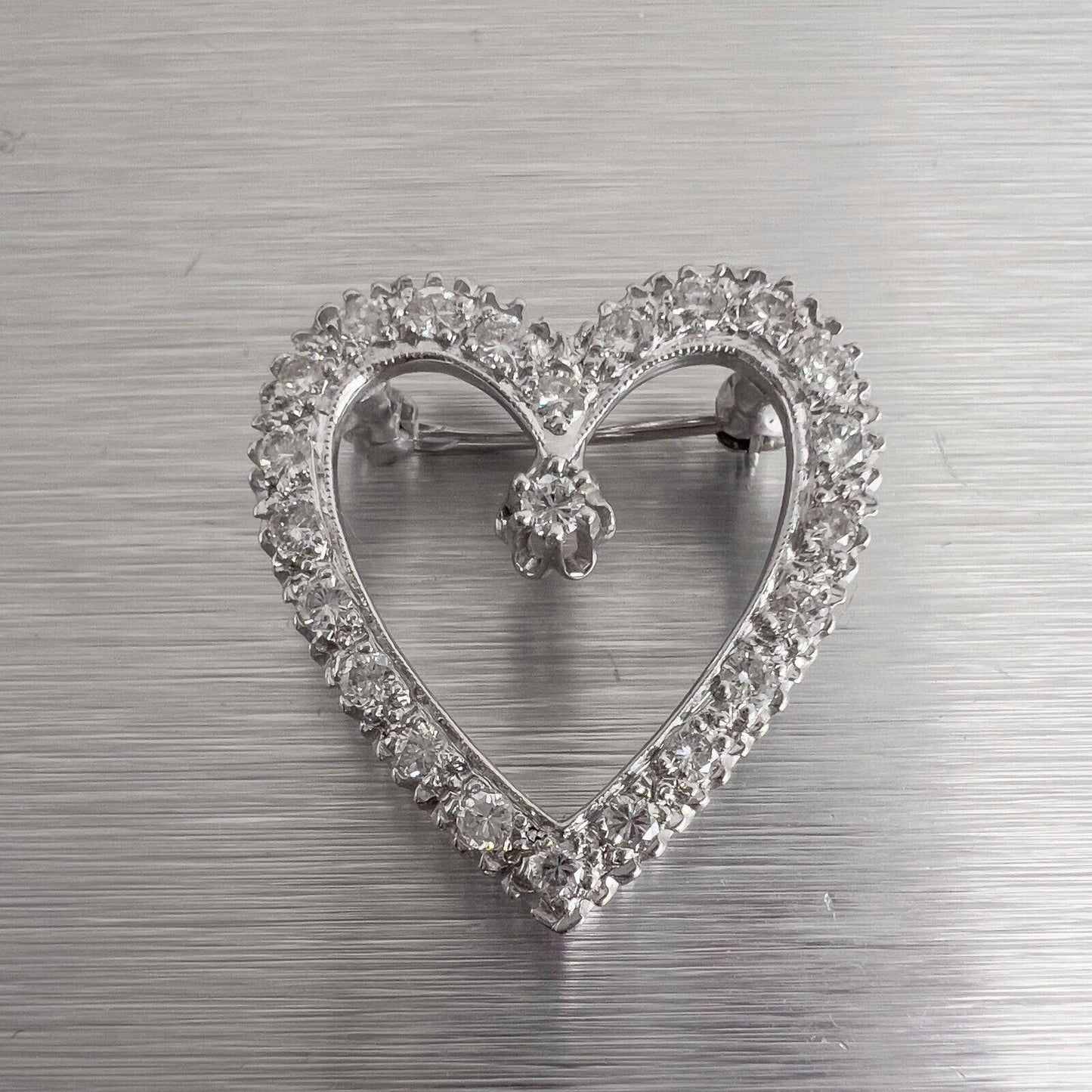 14k White Gold Diamond Heart Necklace / Brooch Pin 0.48ctw G VS2 6.0g 18"