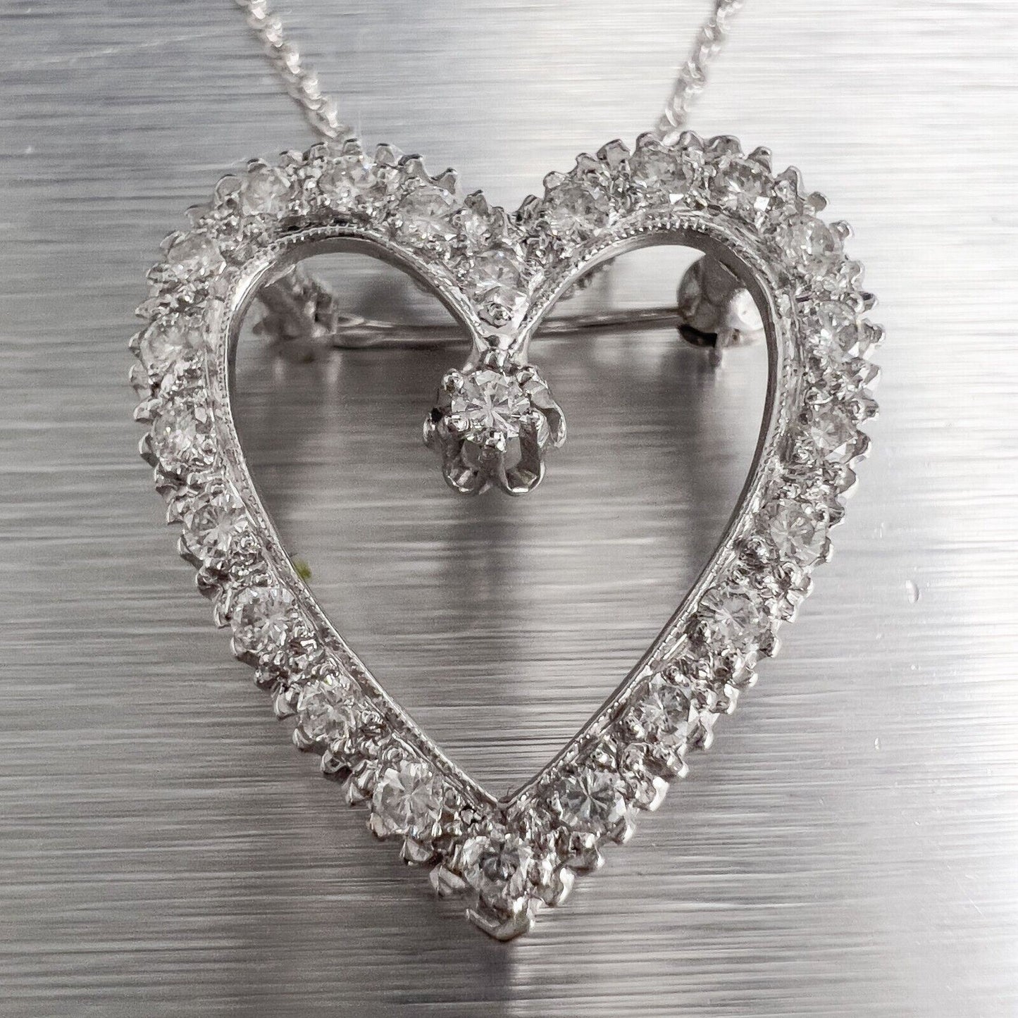 14k White Gold Diamond Heart Necklace / Brooch Pin 0.48ctw G VS2 6.0g 18"