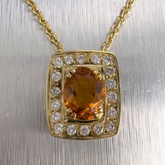 18k Yellow Gold Oval Citrine Diamond Halo Cushion Pendant Necklace 0.36ctw 17.5"