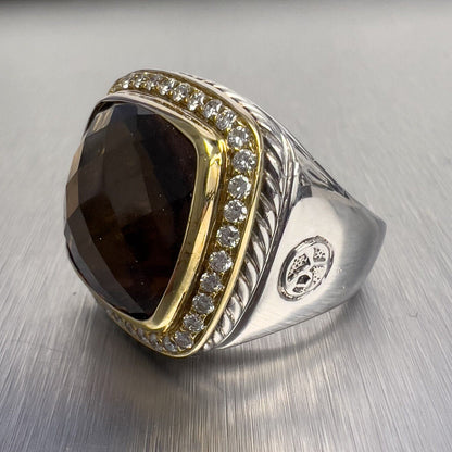 David Yurman 925 Silver & 18k Gold Smoky Topaz Diamond Signature Albion Ring