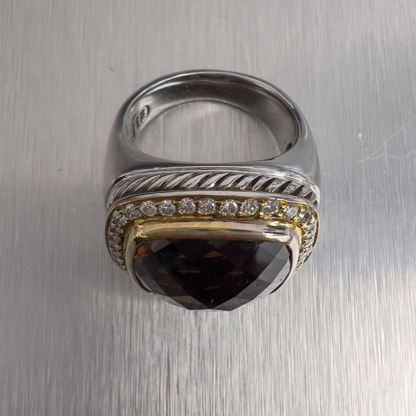 David Yurman 925 Silver & 18k Gold Smoky Topaz Diamond Signature Albion Ring