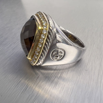 David Yurman 925 Silver & 18k Gold Smoky Topaz Diamond Signature Albion Ring