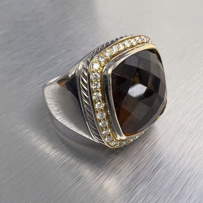 David Yurman 925 Silver & 18k Gold Smoky Topaz Diamond Signature Albion Ring