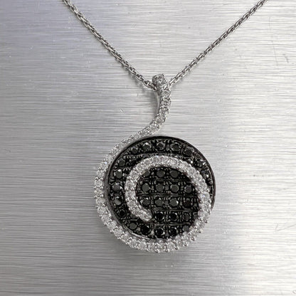 14k White Gold White & Black Diamond 3D Circular Swirl Pendant Necklace 1.03ctw