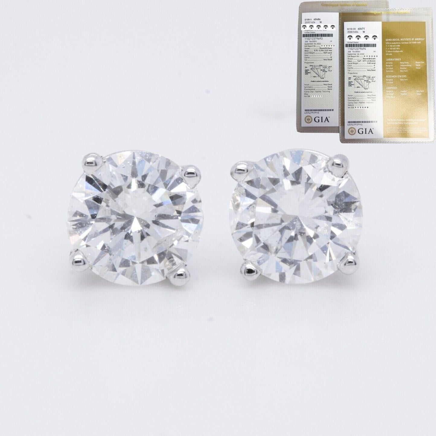 GIA 14k White Gold Round Diamond Basket Stud Earrings 1.32ctw F I1 / F I2 CERTS