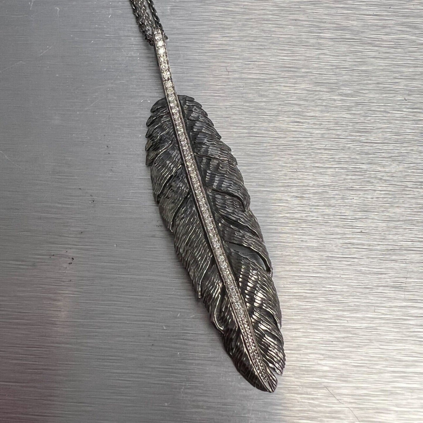 Michael Aram Sterling Silver Diamond Pave Black Rhodium 68mm Feather Necklace