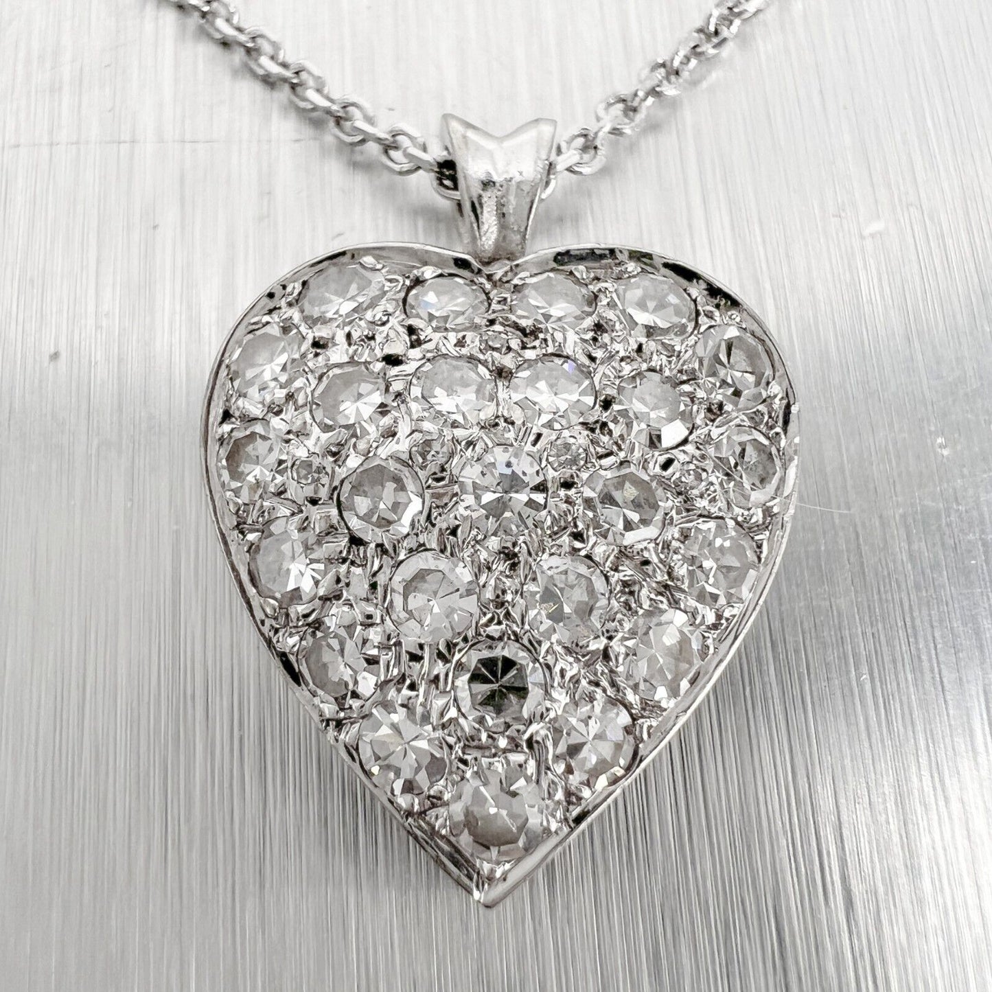 14k White Gold Single Cut Diamond Pave Heart Pendant Necklace 0.45ctw 16"