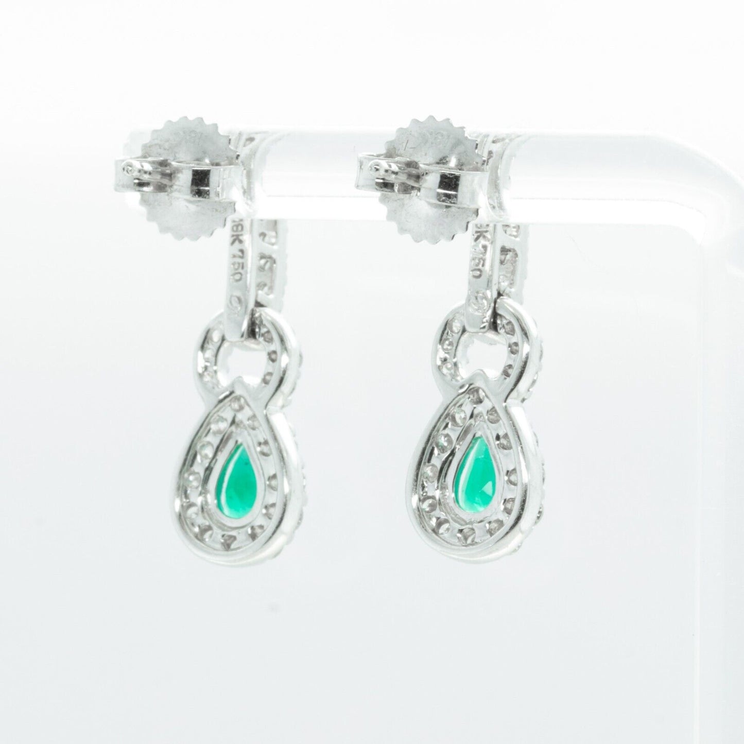 18k White Gold 1.15ctw Diamond 0.85ctw Pear Emerald Dangle Earrings 4.3g