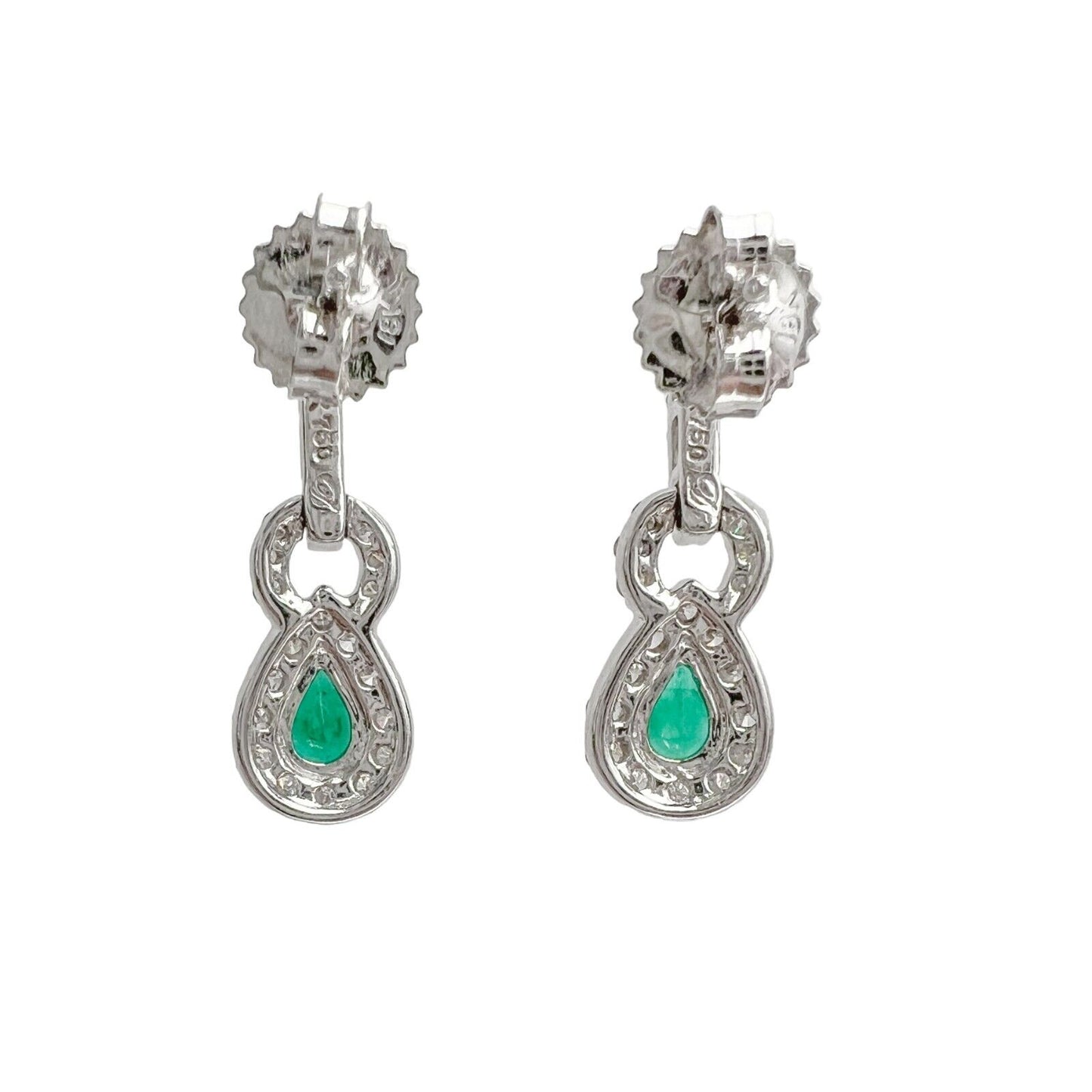 18k White Gold 1.15ctw Diamond 0.85ctw Pear Emerald Dangle Earrings 4.3g