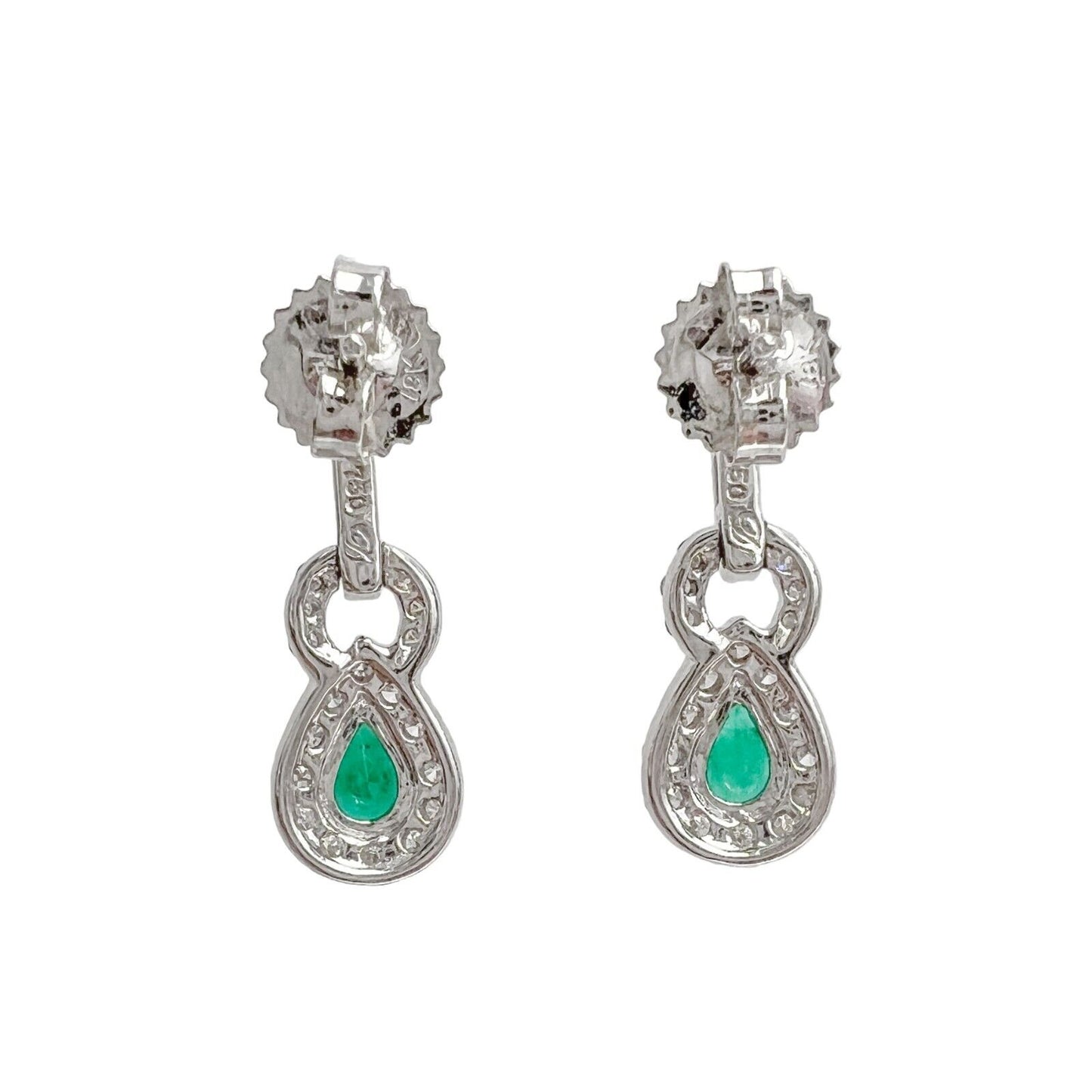 18k White Gold 1.15ctw Diamond 0.85ctw Pear Emerald Dangle Earrings 4.3g