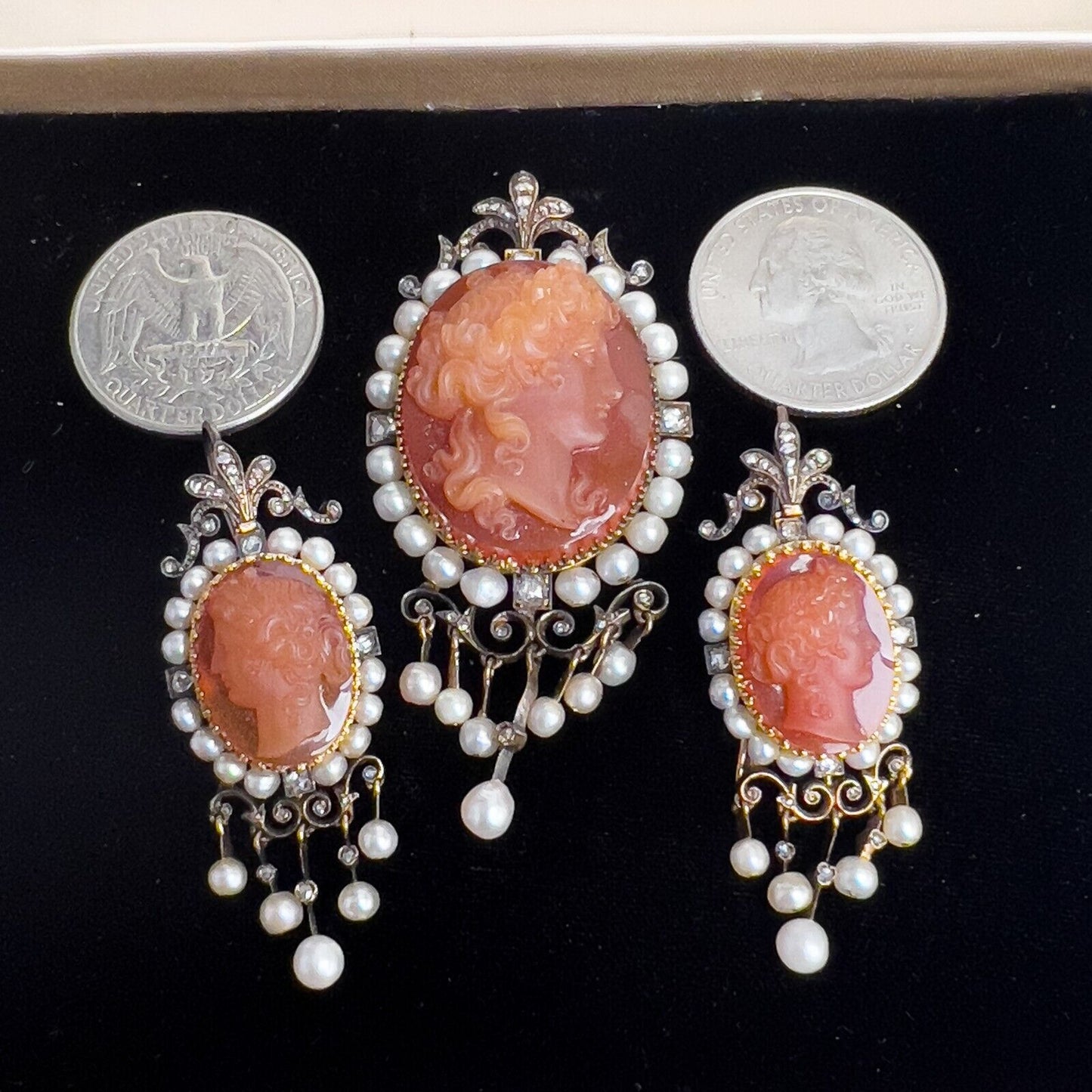 A La Vieille Russie Agate Cameo Gold & Silver Diamond Pearl Pendant Earrings Set