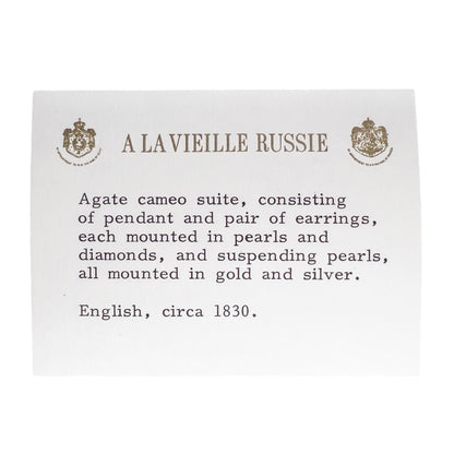 A La Vieille Russie Agate Cameo Gold & Silver Diamond Pearl Pendant Earrings Set