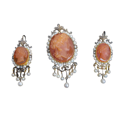 A La Vieille Russie Agate Cameo Gold & Silver Diamond Pearl Pendant Earrings Set