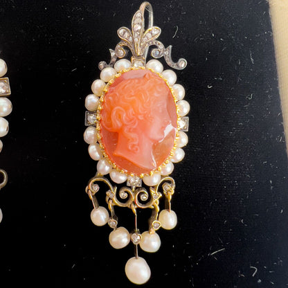 A La Vieille Russie Agate Cameo Gold & Silver Diamond Pearl Pendant Earrings Set