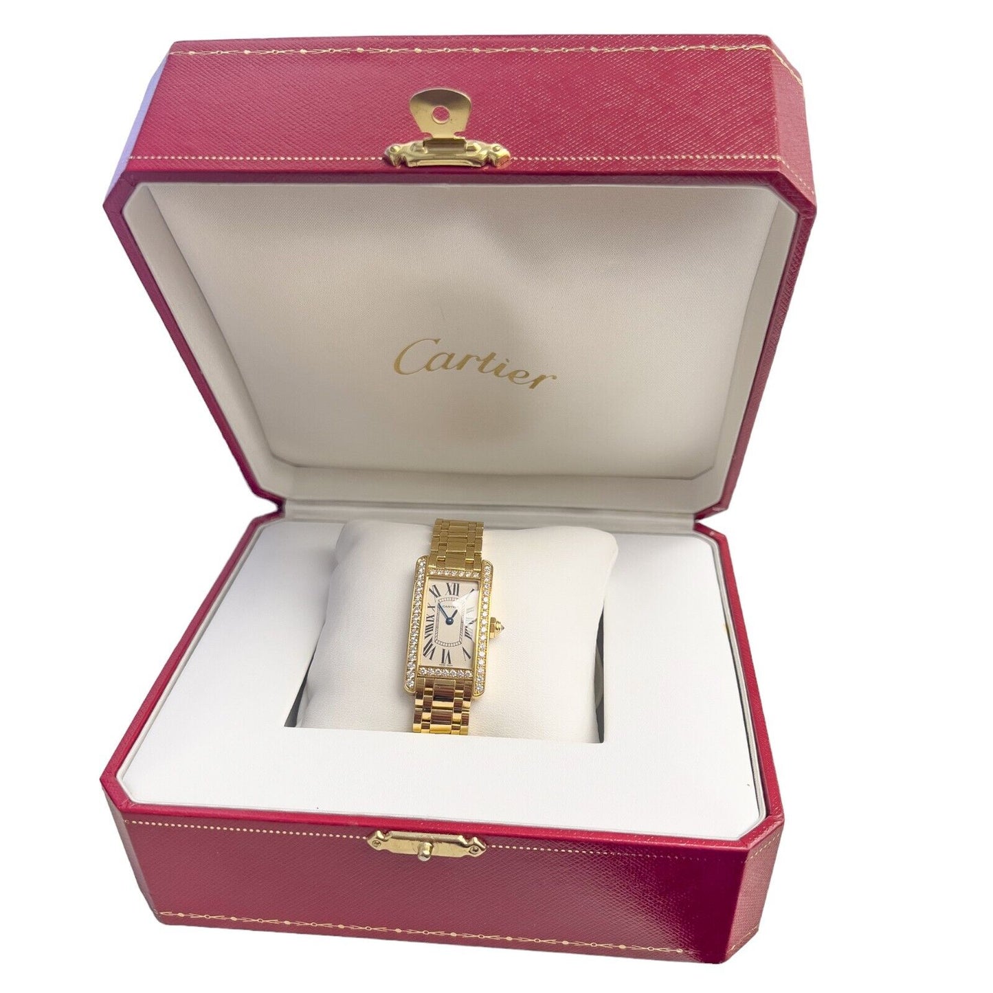 Cartier Tank Americaine 18k Gold Diamond Bezel 19mm WB7072K2 2482 BOX + CERT