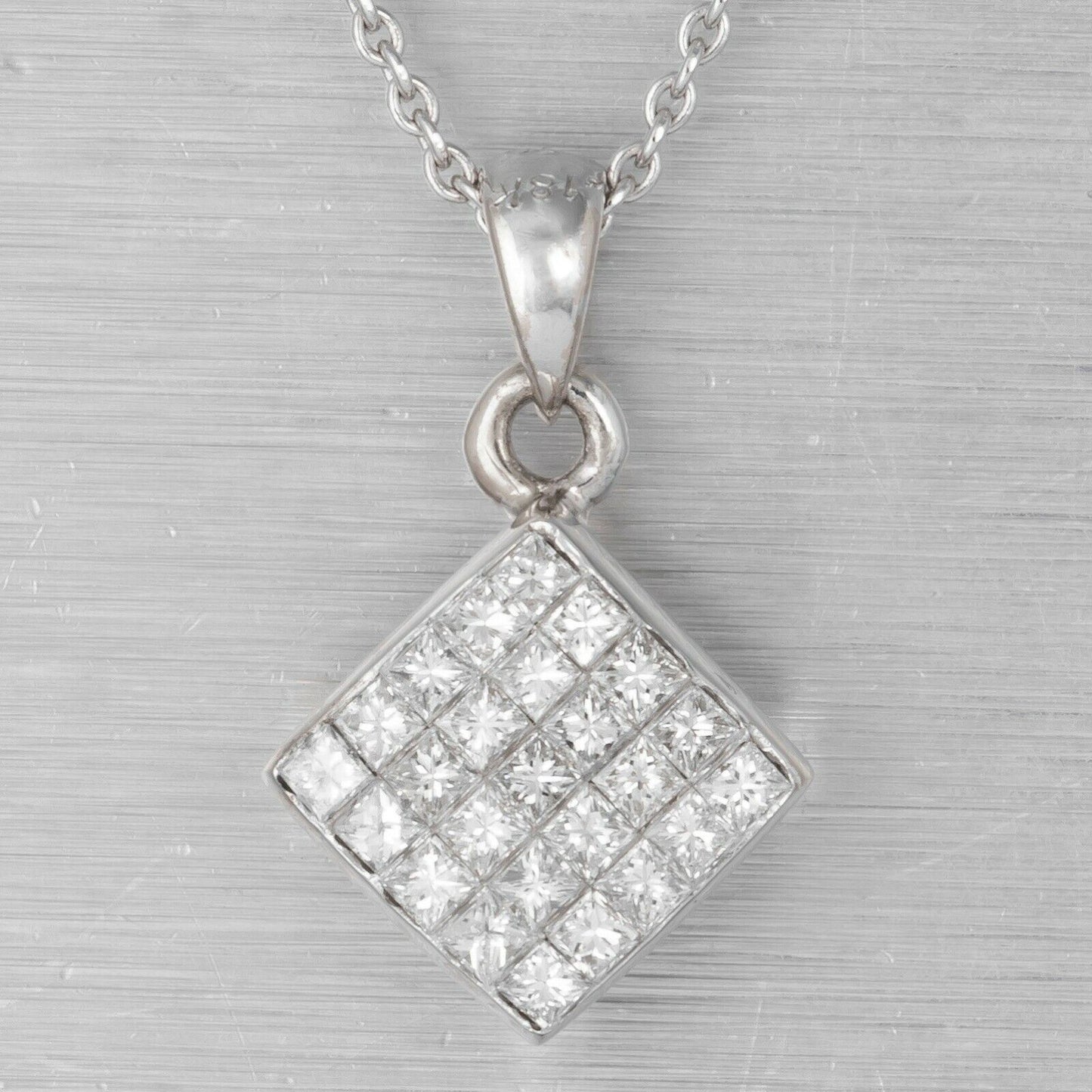 Estate 18k White Gold Princess Cut Diamond Square Pendant Necklace 0.50ctw 18"