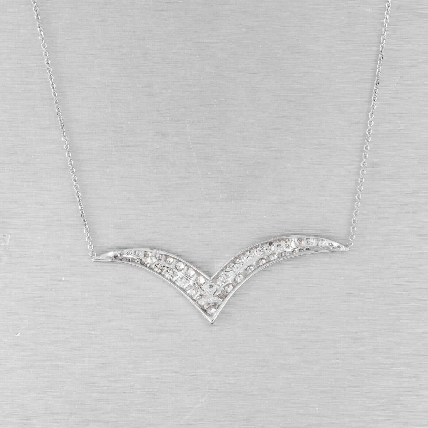 Estate 14k White Gold Diamond Chevron Pendant Necklace 17.5" 1.03ctw VINTAGE