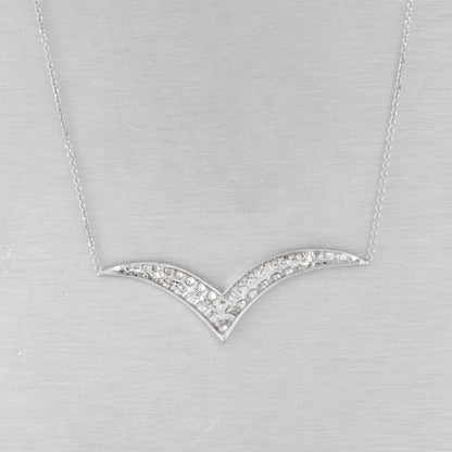 Estate 14k White Gold Diamond Chevron Pendant Necklace 17.5" 1.03ctw VINTAGE