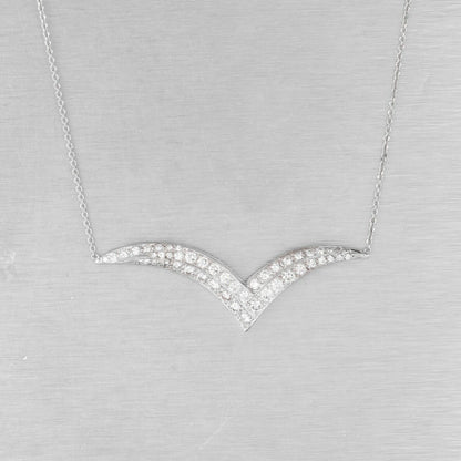 Estate 14k White Gold Diamond Chevron Pendant Necklace 17.5" 1.03ctw VINTAGE