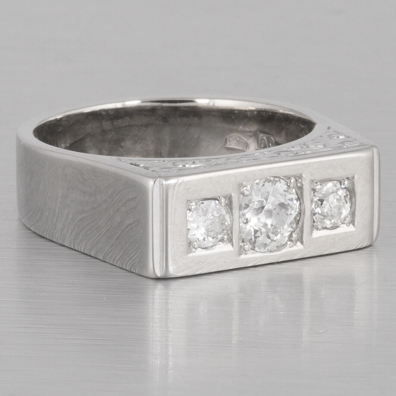 Antique Art Deco 14k White Gold Three Stone Engraved Diamond Ring 0.75ctw sz7.25