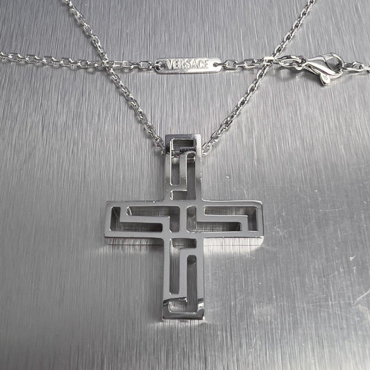 Versace Greca Greek Key Cross 18k White Gold Pendant Necklace 20" HEAVY