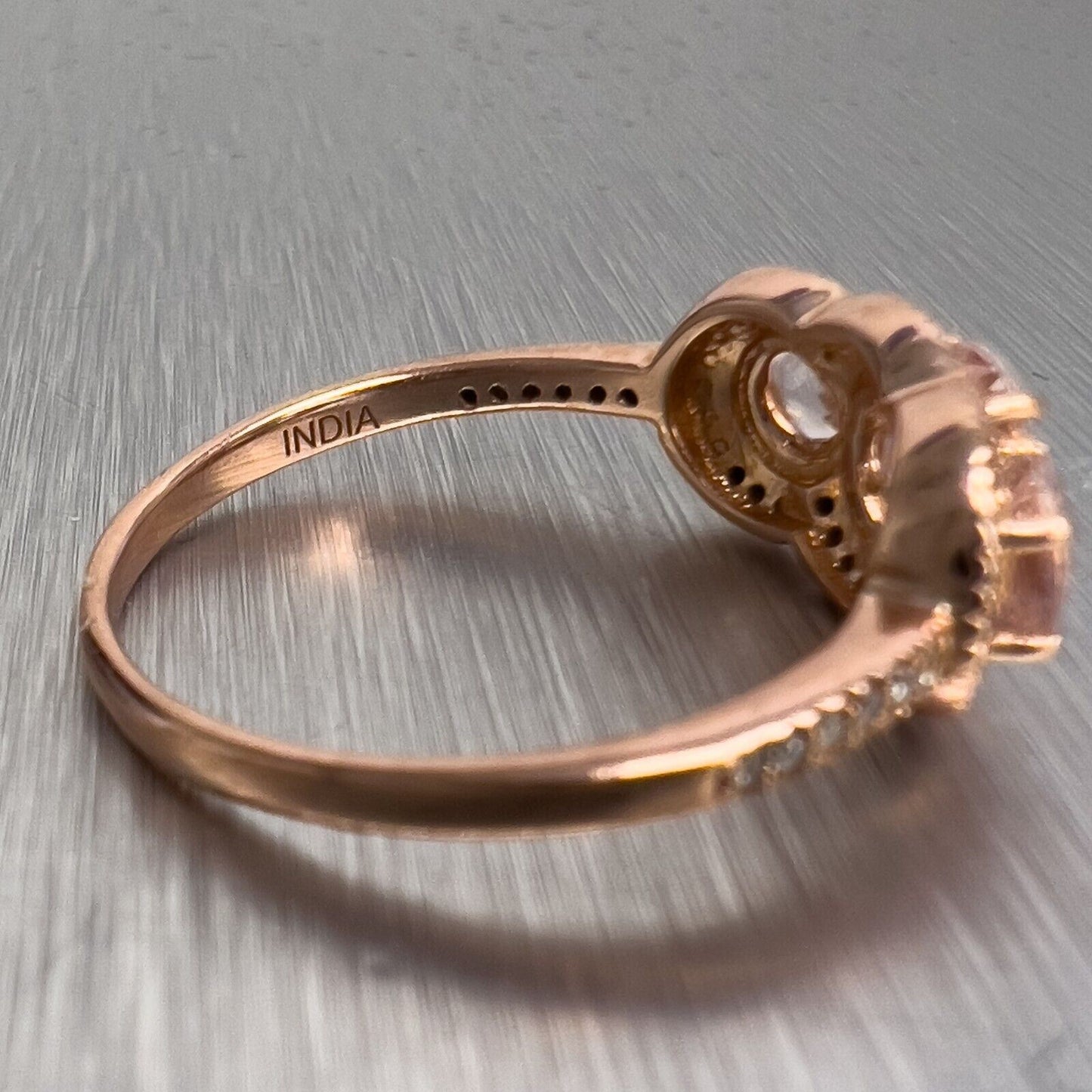 14k Rose Gold Three Stone Kunzite & Diamond Halo Ring Size 6.75